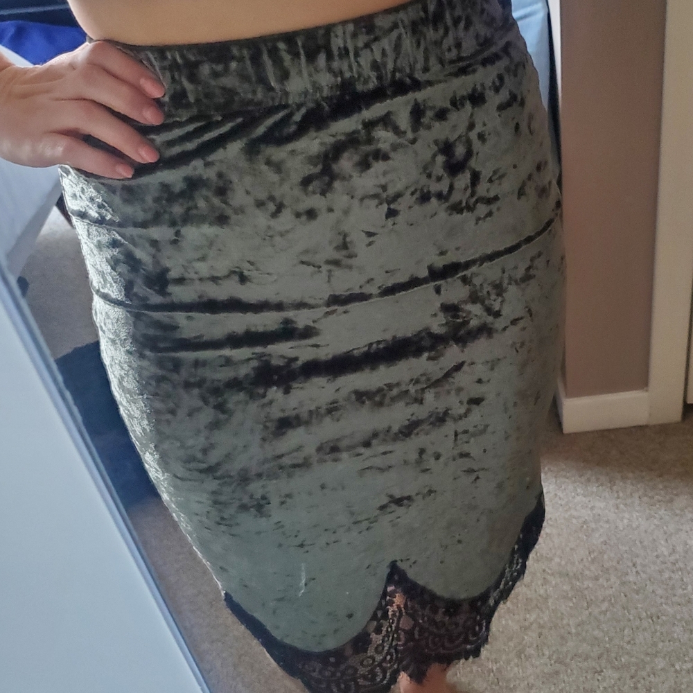 Olive green velvet and black lace skirt